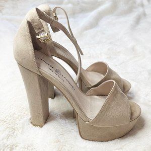 Chinese Laundry Beige Suede Platform Heels with Ankle Strap